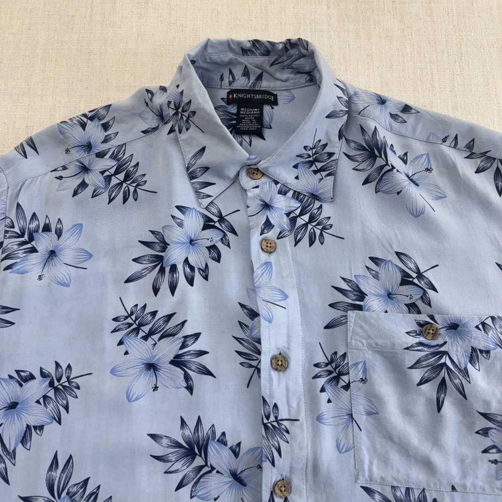 Knightsbridge Mens Medium Blue Tropical Floral Hibiscus Rayon Button Down Shirt - Picture 2 of 10